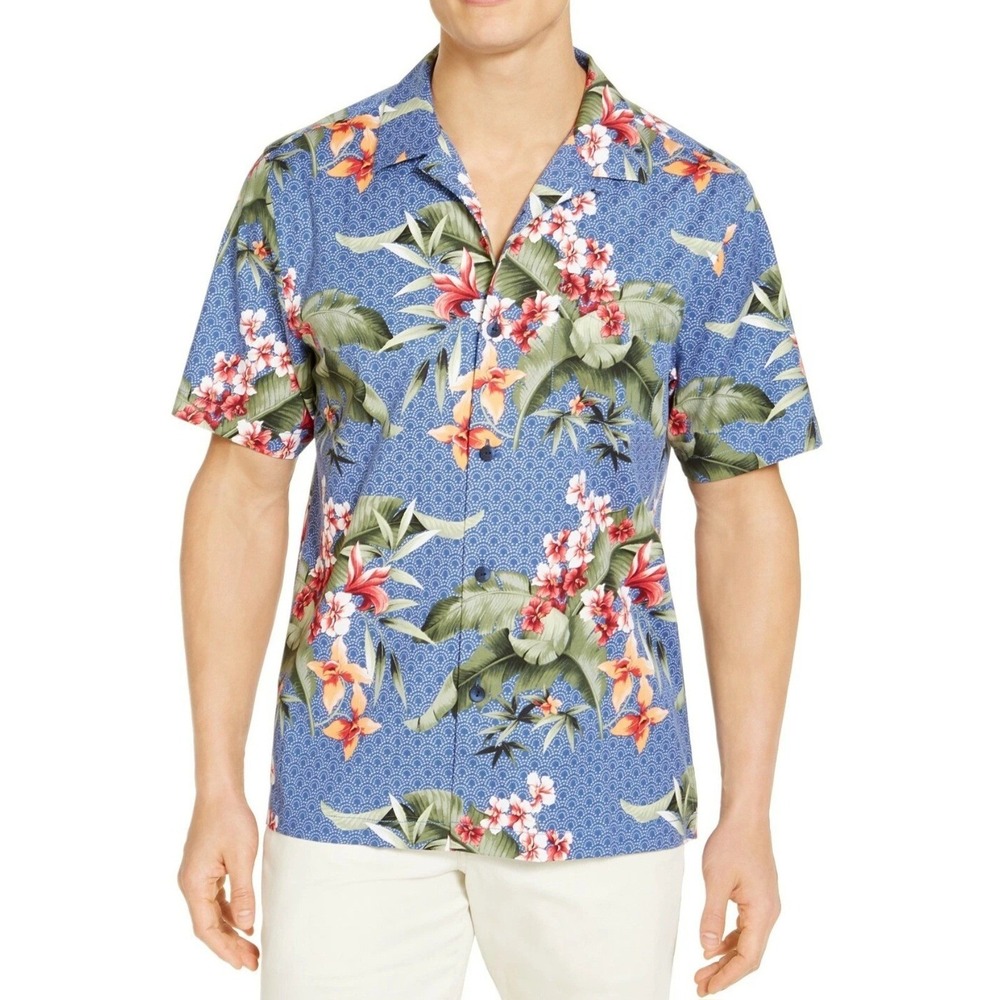 Tommy Bahama Spadacini On Geo Dot Tropical Print Camp Shirt Size XL Blue